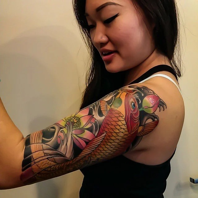 Colorful Koi Fish and Lotus Sleeve Tattoo Design