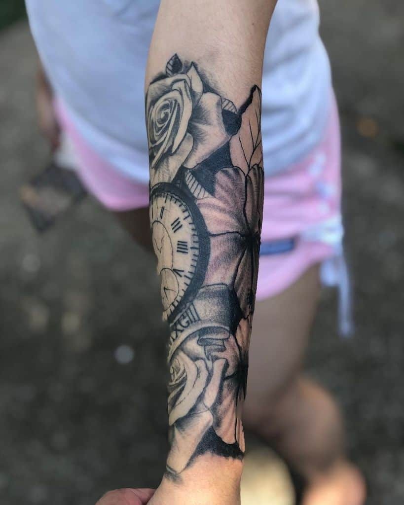 Timeless Clock and Rose Design Tattoo Design