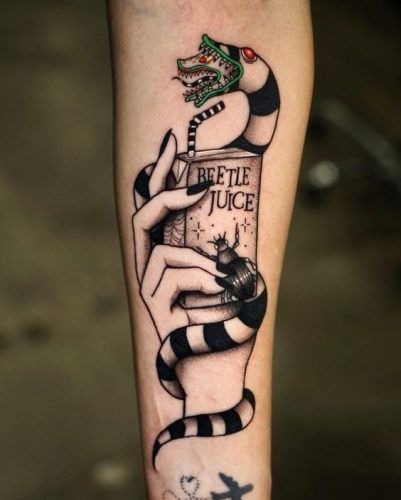 Beetlejuice-Inspired Sleeve Detail, a tattoo design rendered in clean detailed linework for the hand.