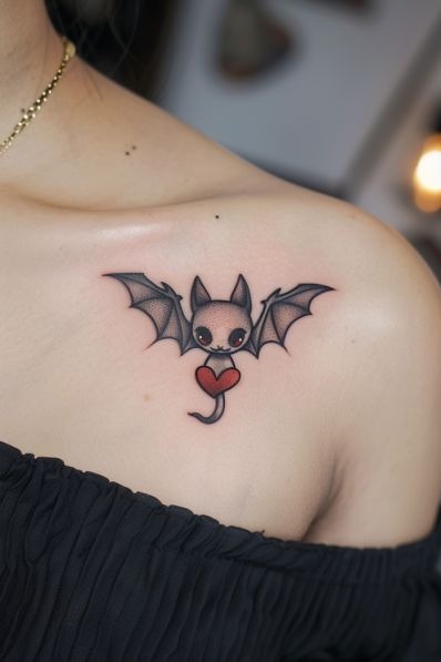 Cute Bat with Red Heart, a tattoo design rendered in clean detailed linework.