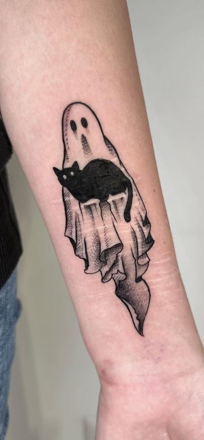 Ghost with Black Cat, a tattoo design rendered in clean detailed linework for the chest.