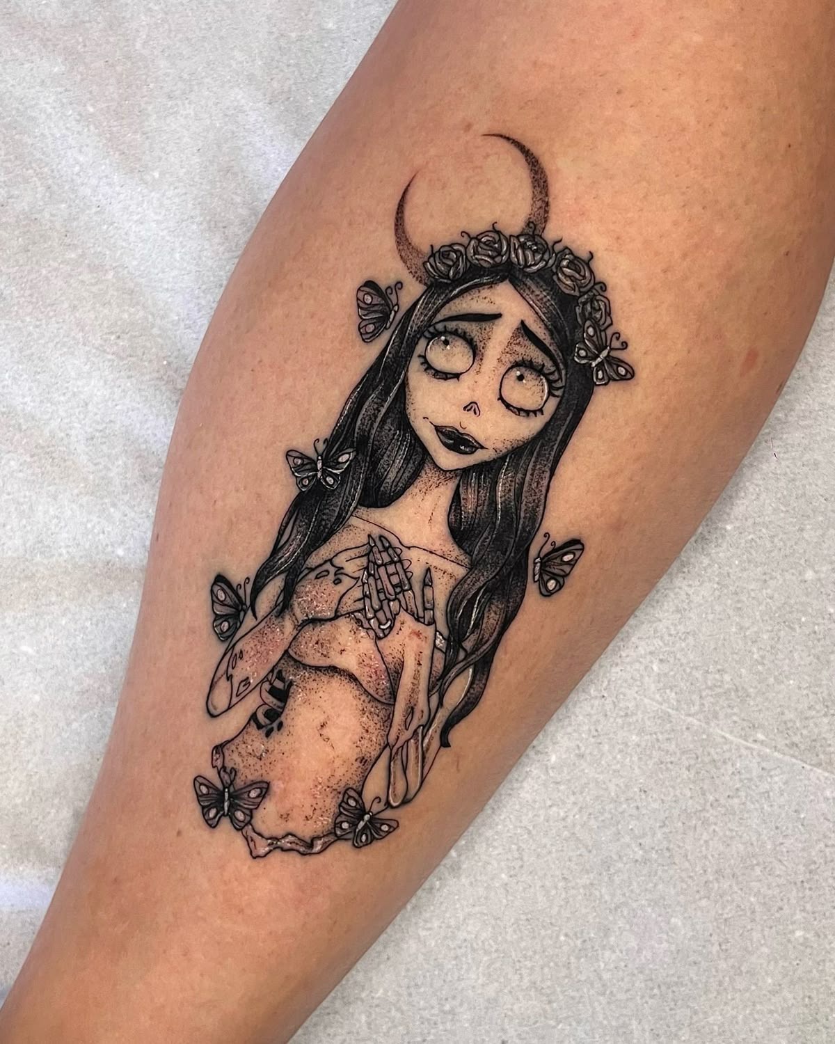 Gothic Moon Bride with Butterflies, a tattoo design rendered in clean detailed linework.
