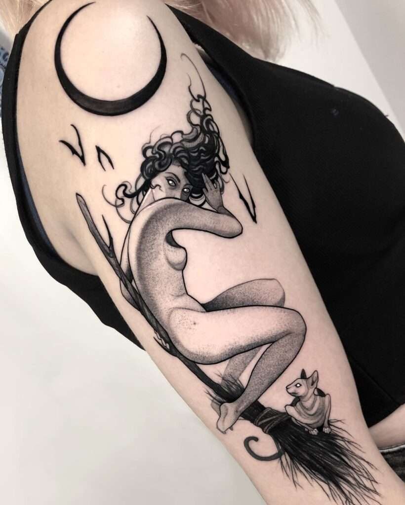 Nude Witch on Broomstick, a tattoo design rendered in clean detailed linework.