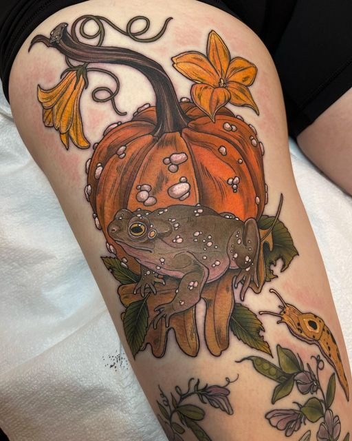 Pumpkin Frog Scene, a tattoo design rendered in clean detailed linework.