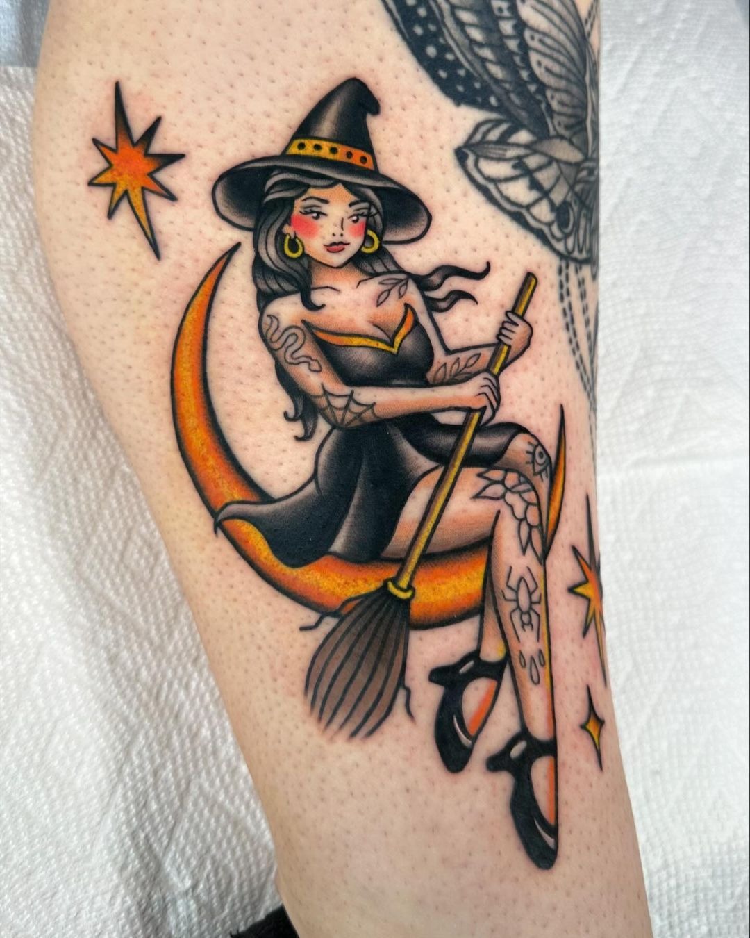 Vintage Witch on Crescent Moon, a tattoo design rendered in clean detailed linework.