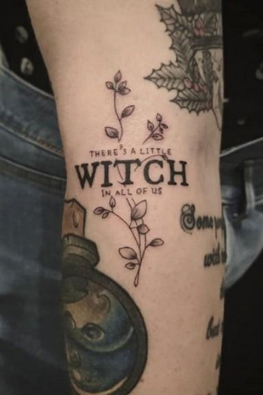 Witch Quote and Botanical Accent, a tattoo design rendered in clean detailed linework.