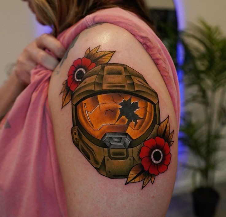 Battle-Scarred Helmet with Red Blooms Tattoo Design