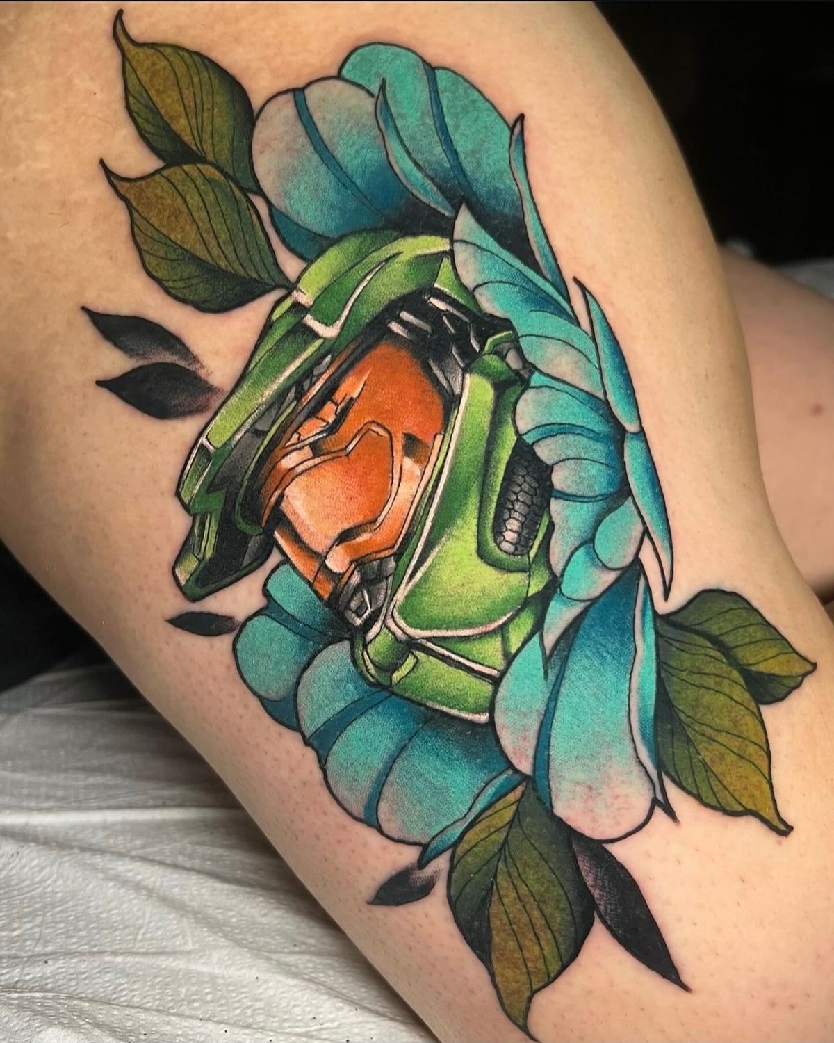 Floral Master Chief Helmet Halo Tattoo Design