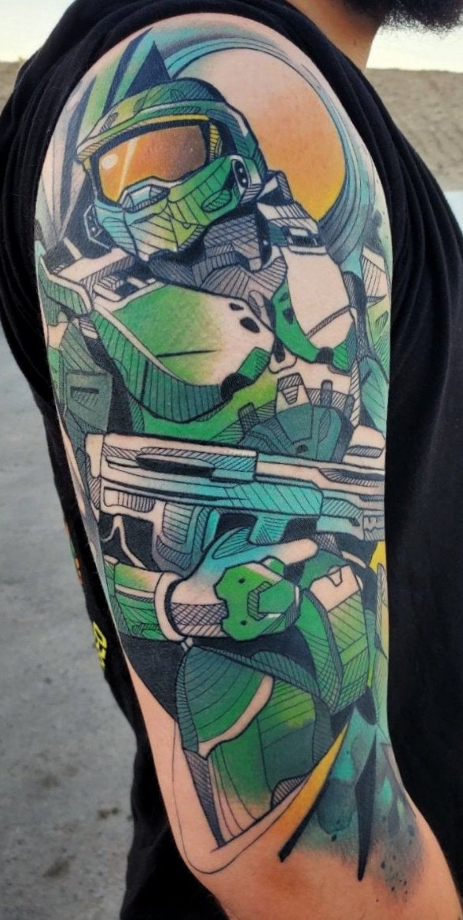 Full-Color Master Chief Half Sleeve Tattoo Design