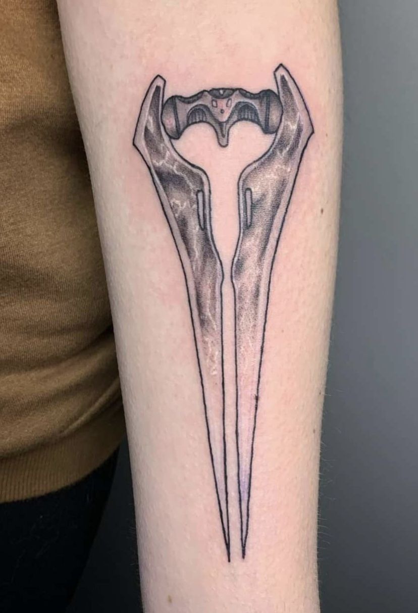 Monochrome Energy Sword Forearm Piece Tattoo Design