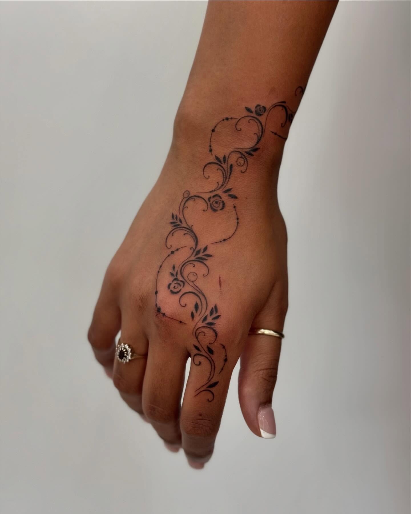 Geometric Mandalic Hand and Finger Tattoo Design