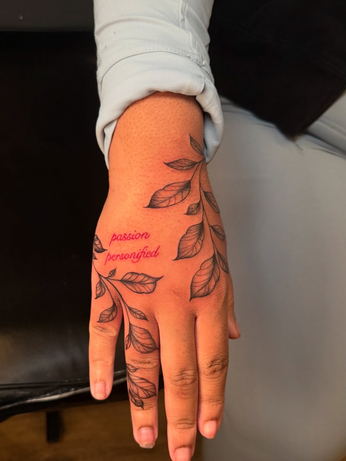 Leaf and Branch Hand and Finger Tattoo Design