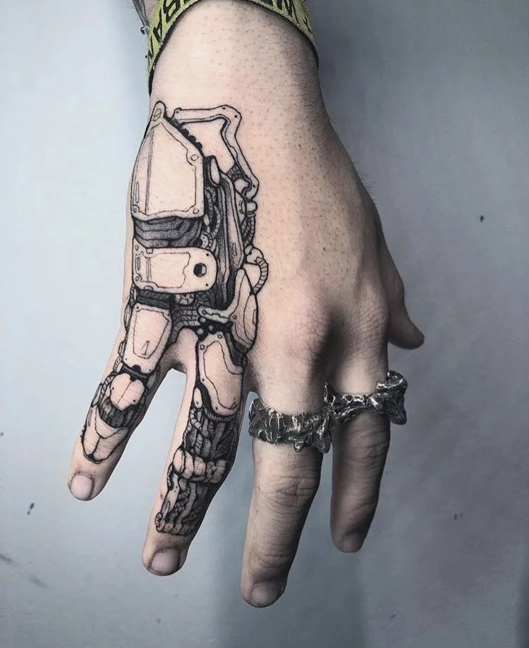 Biomechanical Hand Tattoo with Intricate Detailing Tattoo Design