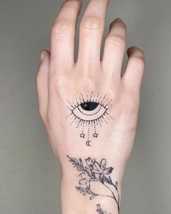 Celestial Eye Hand Tattoo with Stars and Moon Tattoo Design