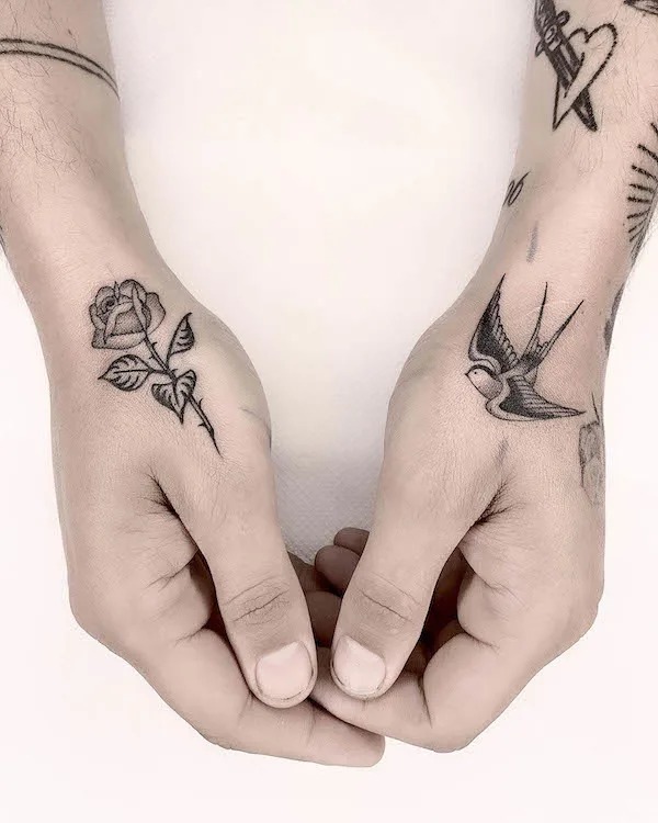 Classic Rose and Bird Hand Tattoo Pair Tattoo Design