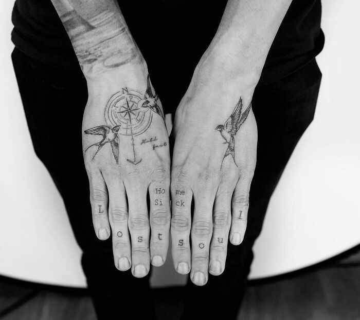 Compass and Sparrow with “Lost Soul” Design Tattoo Design