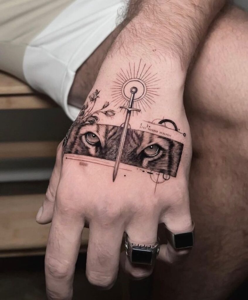 Dynamic Tiger Eyes and Sword Hand Tattoo Tattoo Design