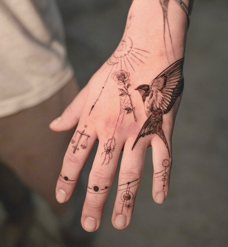 Elegant Celestial Sparrow Hand Tattoo Design Tattoo Design