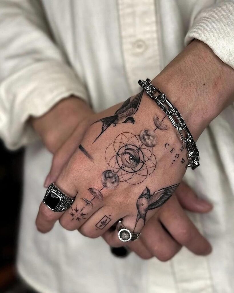 Eye, Moon, and Bird Hand Tattoo Design Tattoo Design