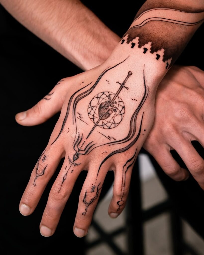 Sword and Rose Geometric Hand Tattoo Design Tattoo Design