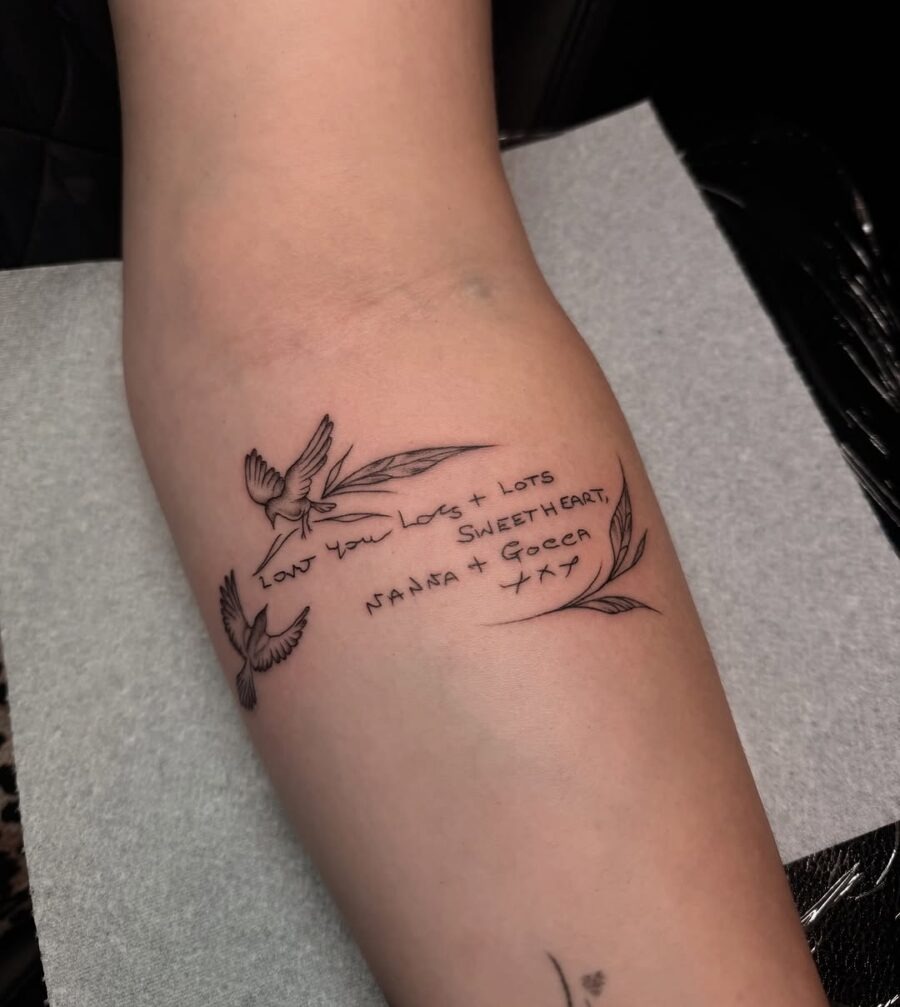 Elegantly scripted tattoo with bird motifs Tattoo Design