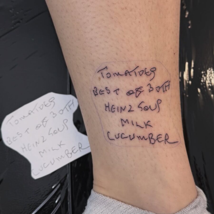 Handwritten tattoo with food-themed items Tattoo Design