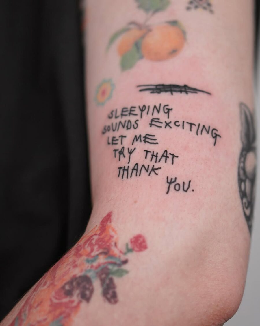 Unique handwritten quote tattoo on forearm Tattoo Design