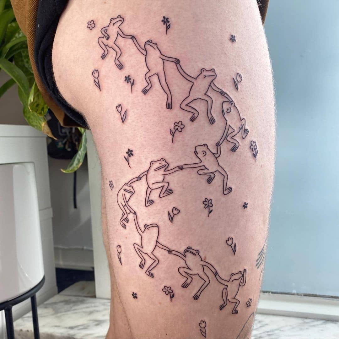 Frogs happily dancing in a line tattoo Tattoo Design
