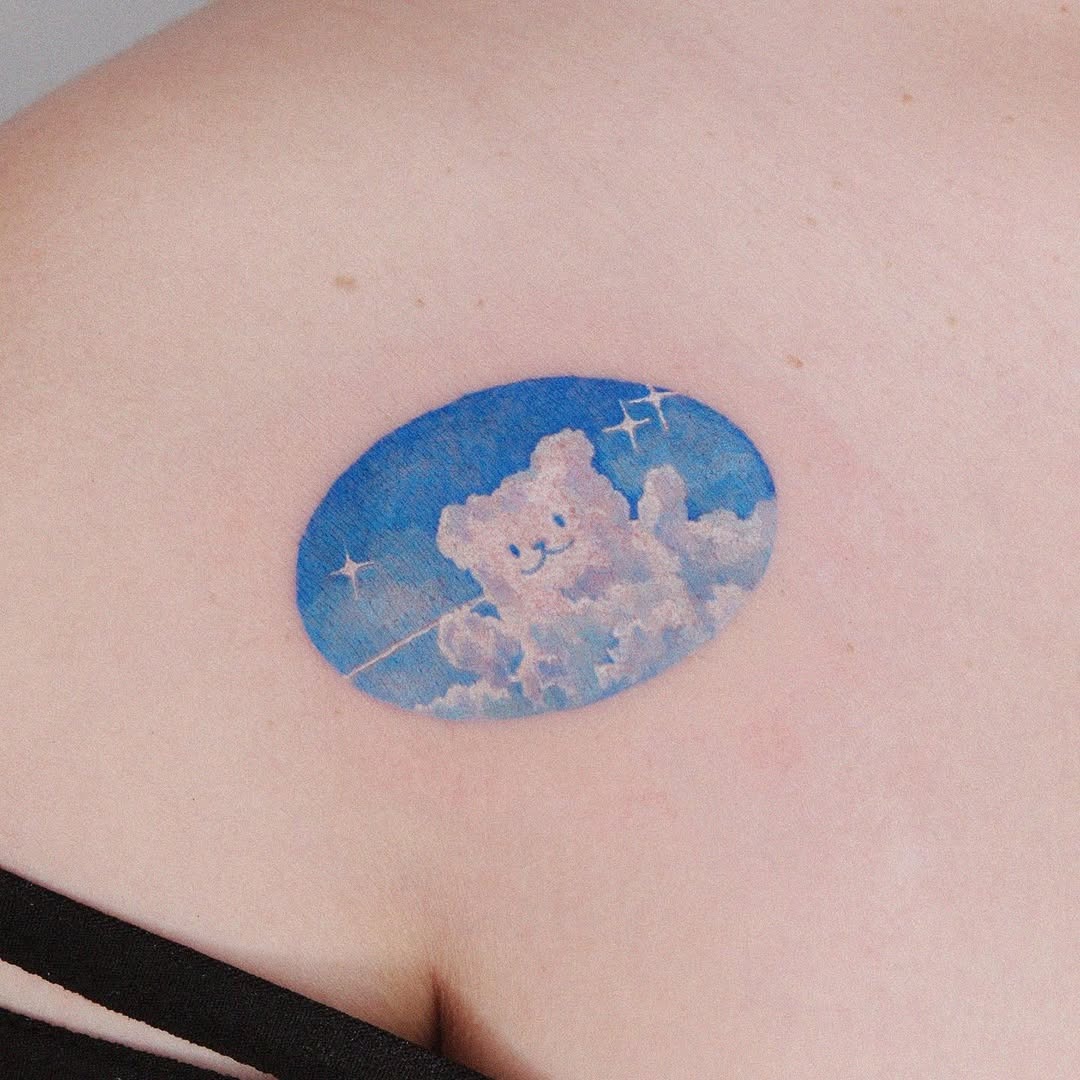 Whimsical bear tattoo in a dreamy sky Tattoo Design