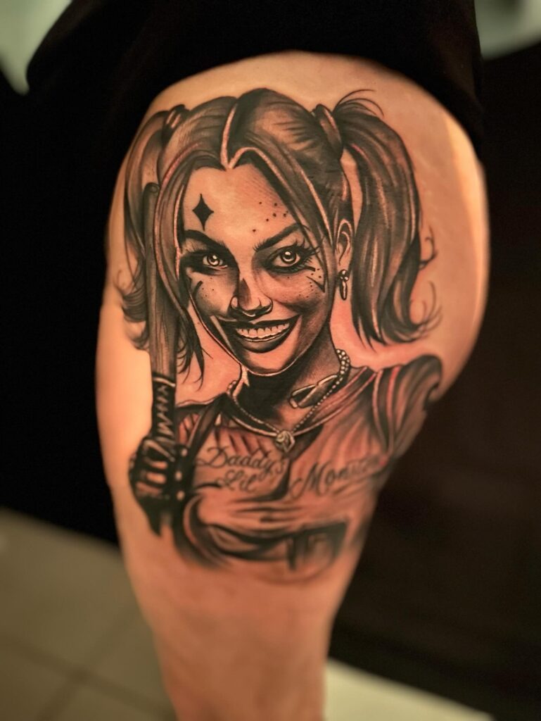 Black and Grey Harley Quinn with Bat Tattoo Tattoo Design