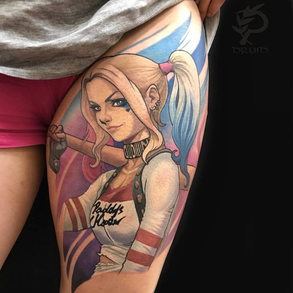 Comic-Style Harley Quinn with Baseball Bat Tattoo Tattoo Design