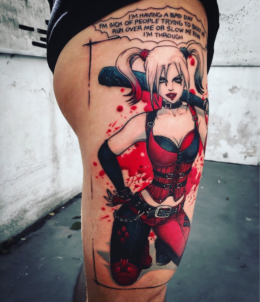 Comic-Style Harley Quinn with Bat Tattoo Tattoo Design