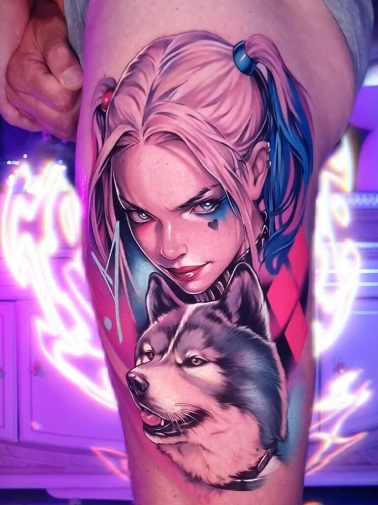 Harley Quinn with Wolf Companion Tattoo Tattoo Design