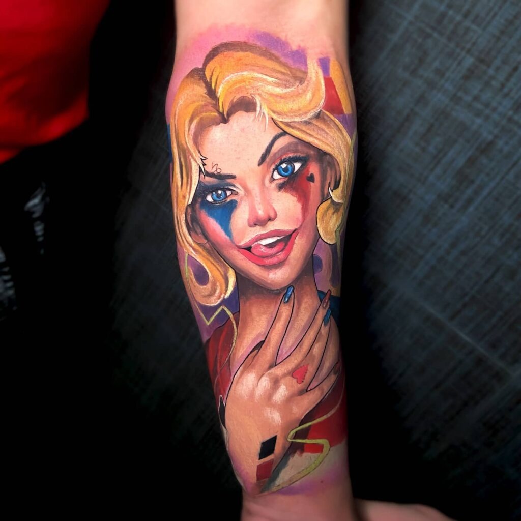 Vibrant Cartoon-Style Harley Quinn Tattoo Tattoo Design