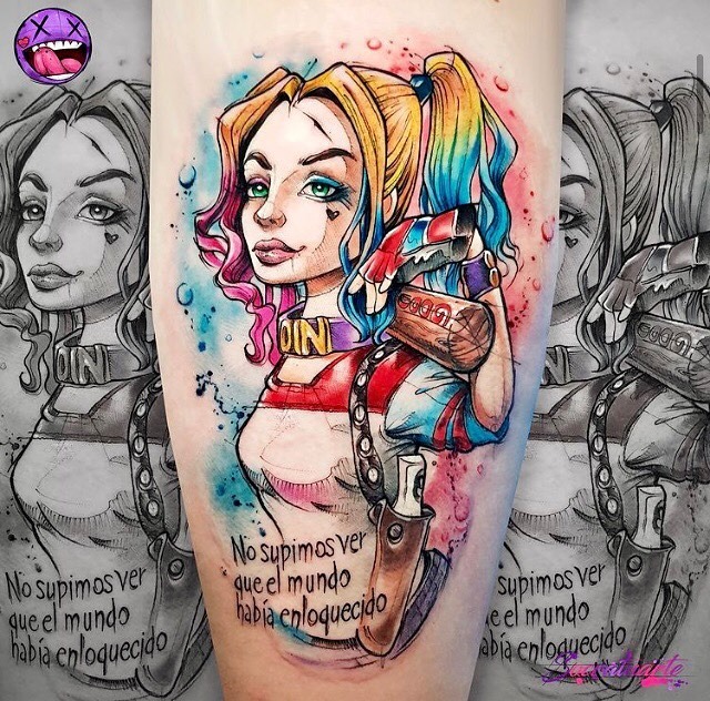 Watercolor Harley Quinn Tattoo with Spanish Quote Tattoo Design
