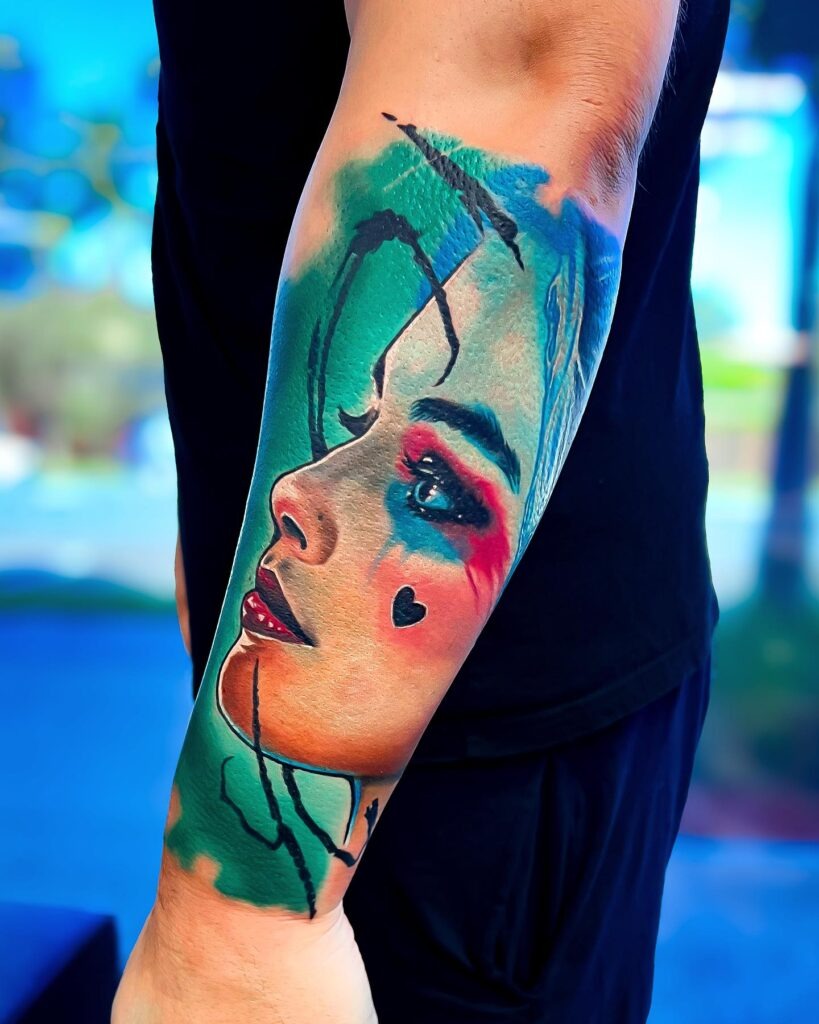 Watercolor-Inspired Harley Quinn Portrait Tattoo Tattoo Design