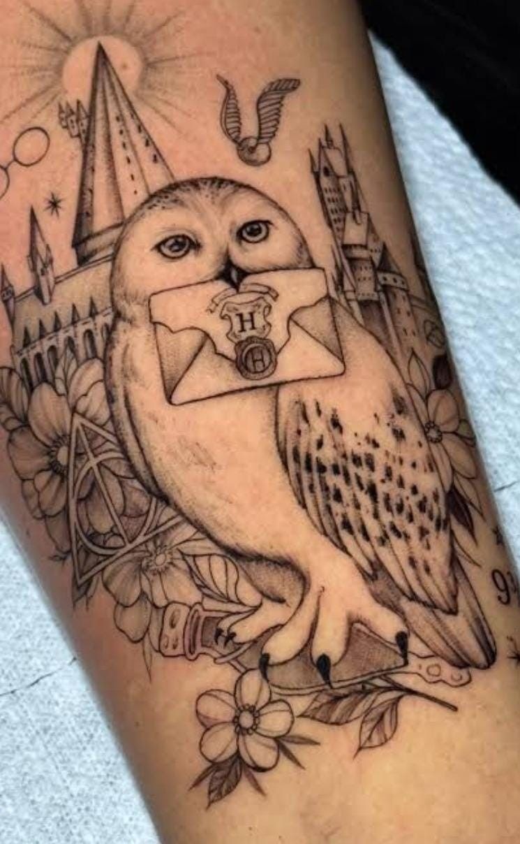 Hedwig, Hogwarts, and Floral Tattoo Tattoo Design
