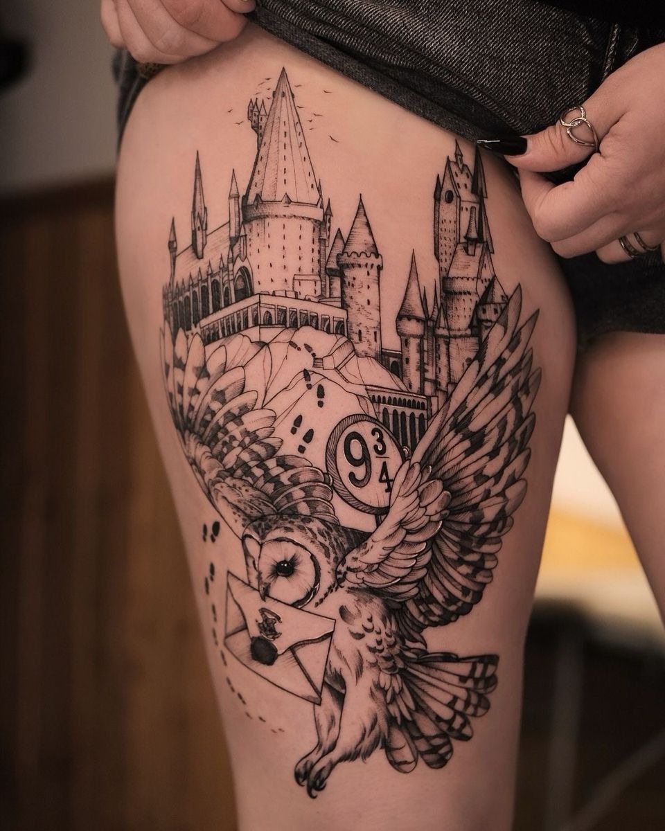 Hogwarts and Flying Owl Thigh Tattoo Tattoo Design