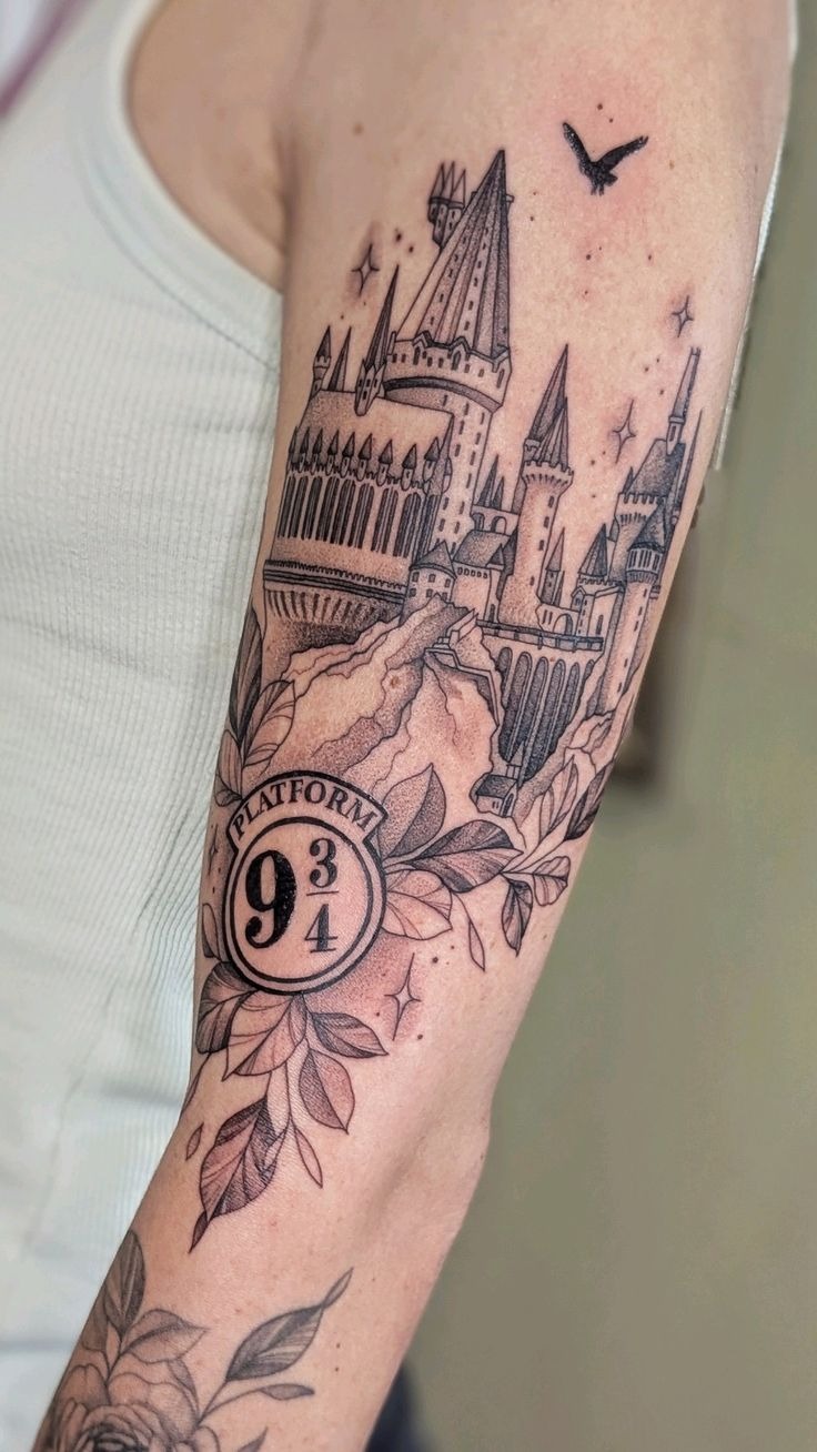 Hogwarts Castle and Platform 9¾ Floral Tattoo Tattoo Design