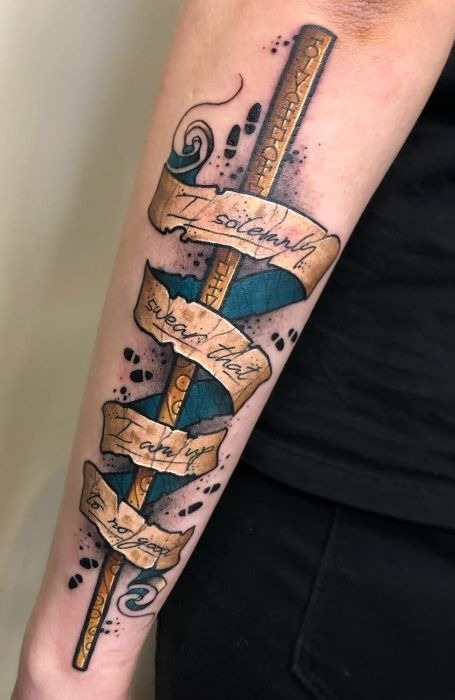 Slytherin Wand and Quote Ribbon Tattoo Tattoo Design