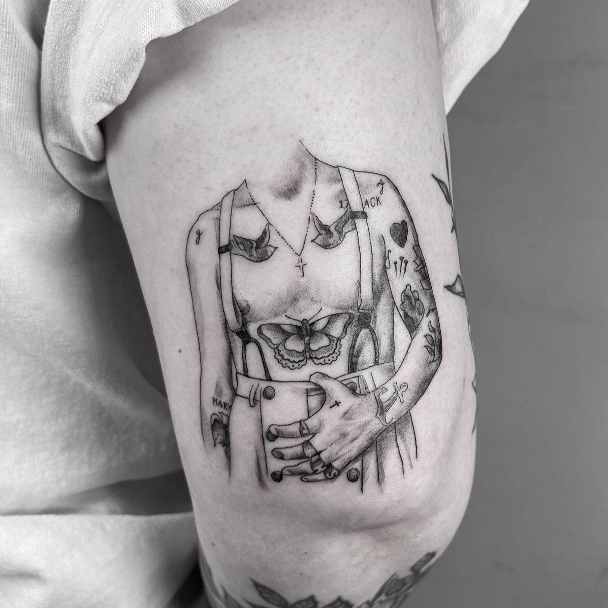 Adore You Dolphin Line Tattoo, a tattoo design rendered in clean detailed linework for the arm.