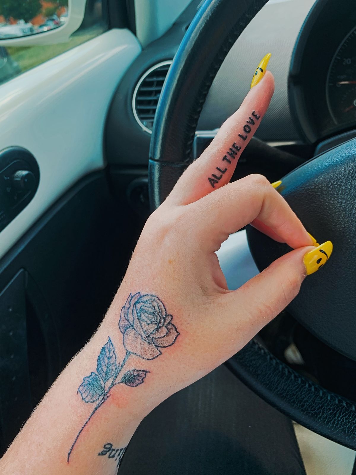 All the Love Finger Script with Rose Detail, a tattoo design rendered in clean detailed linework for the hand.