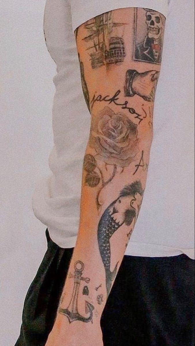 Harry Styles Patchwork Sleeve Inspiration, a tattoo design rendered in clean detailed linework for the arm.