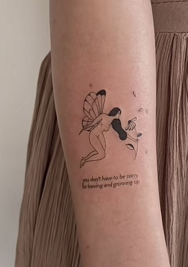 Matilda Fairy with Lyric Tattoo, a tattoo design rendered in clean detailed linework for the chest.
