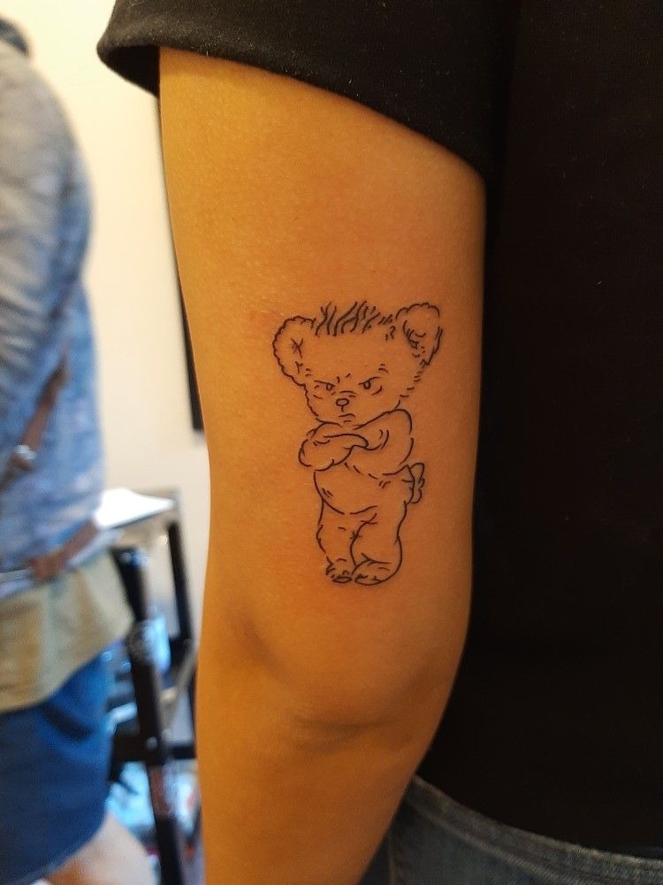 Playful Moody Bear Harry Tattoo, a tattoo design rendered in clean detailed linework for the arm.