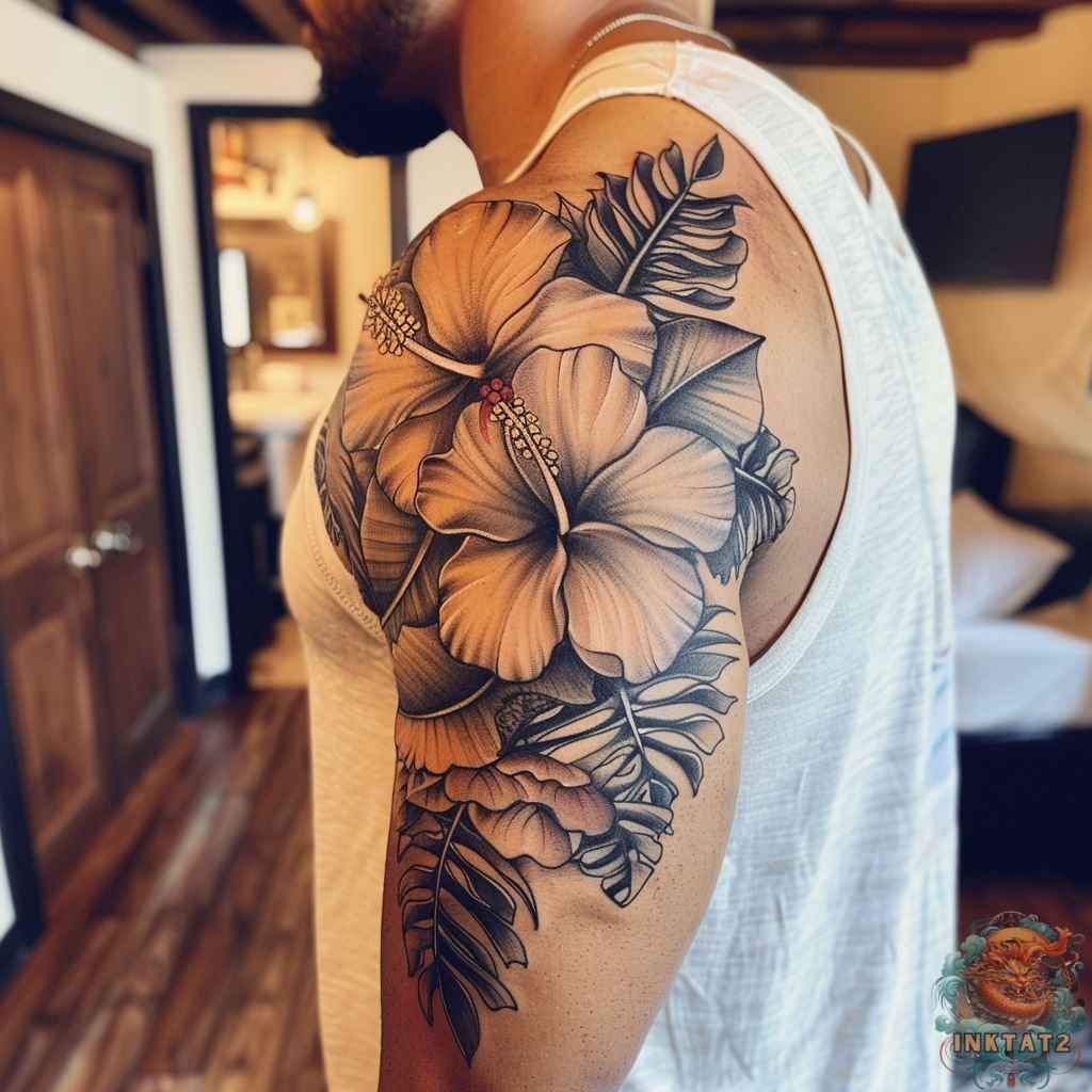 Black and Grey Hibiscus Shoulder Tattoo Tattoo Design