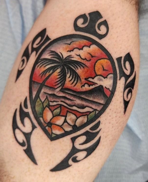 Circular Island Scene Traditional Tattoo Tattoo Design