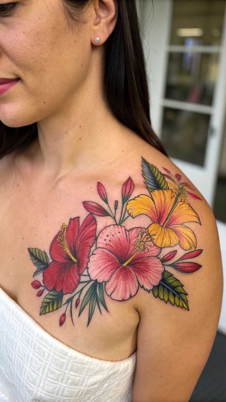 Color Hibiscus Shoulder Bouquet Tattoo Tattoo Design