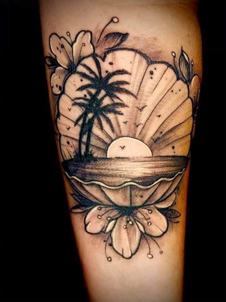 Island Sunset Floral Scene Tattoo Tattoo Design