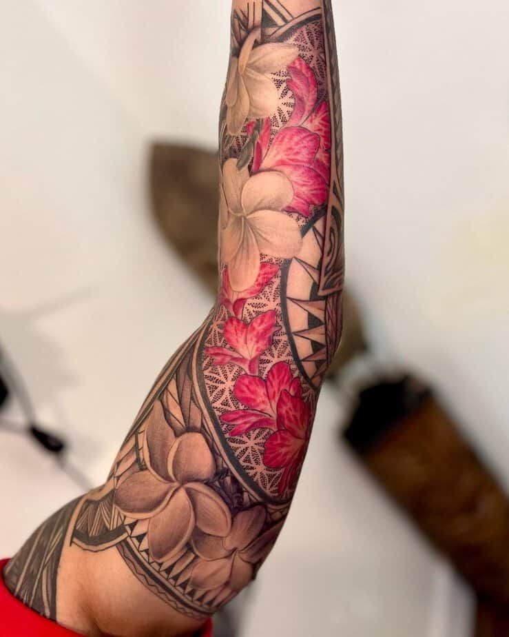 Plumeria and Geometric Floral Arm Sleeve Tattoo Design